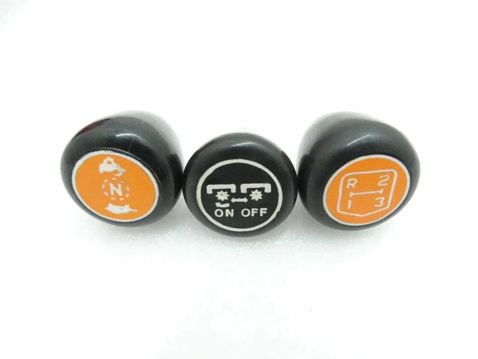 Tractor gear knob set of 3, black knobs with orange/white icons and ON/OFF mark