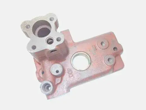 Rear hydraulic pump plate body, metal with circular port and mounting holes.