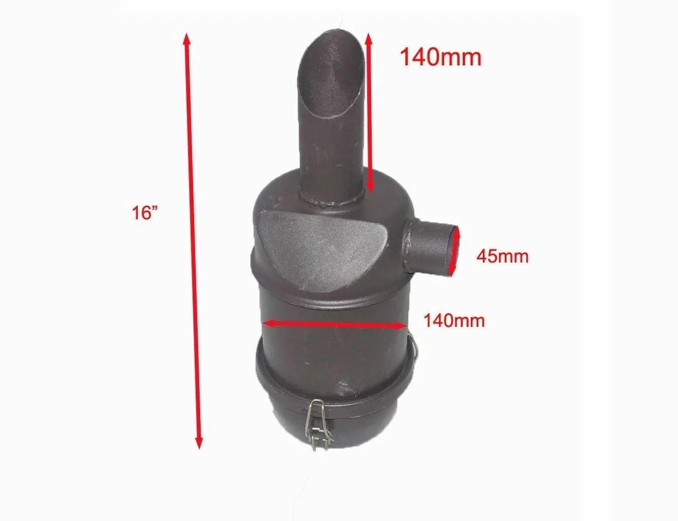 Oil bath air cleaner assembly for Massey Ferguson model, 16 inches tall, 140mm diameter, metal construction.