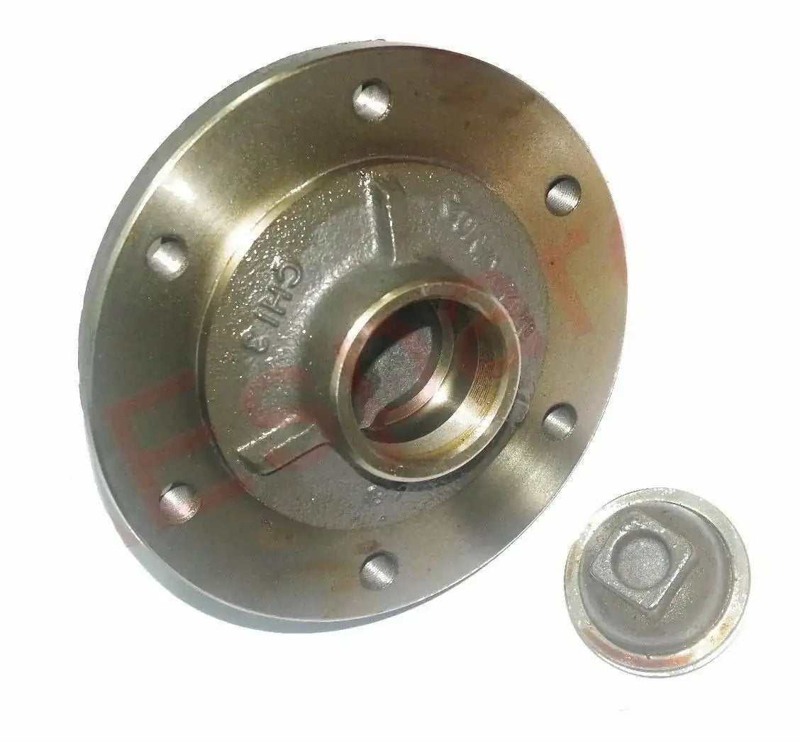Front wheel hub with cap, round metal flange and center bearing opening