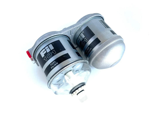 CAV Type Fuel Filter Assembly for Massey Ferguson model, featuring dual canister design for enhanced filtration.