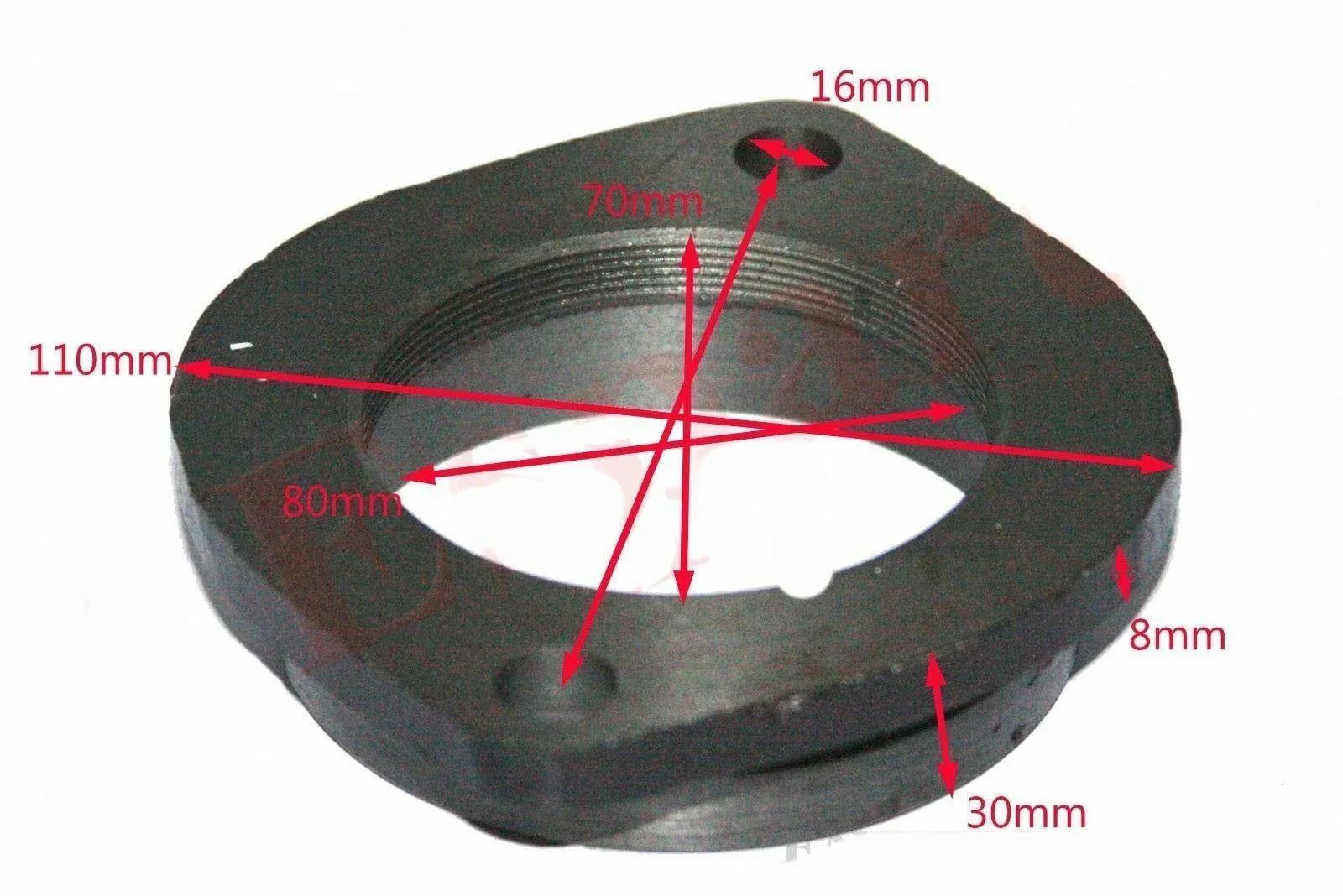 Circular seal housing with central opening, dark metal ring and threaded rim