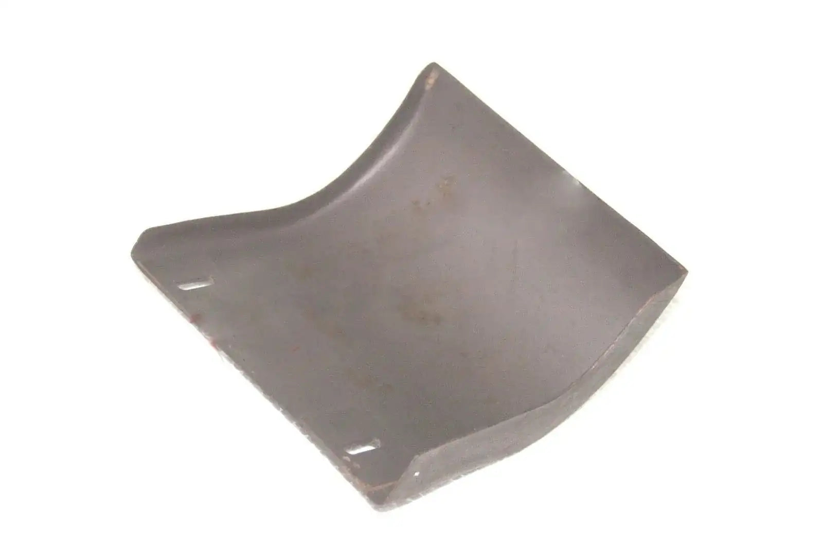 Gray metal alternator guard with curved corner cutouts