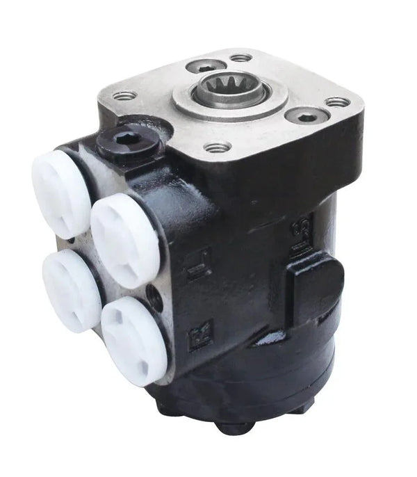 Steering pump with black housing and silver mounting flange, with three hose ports