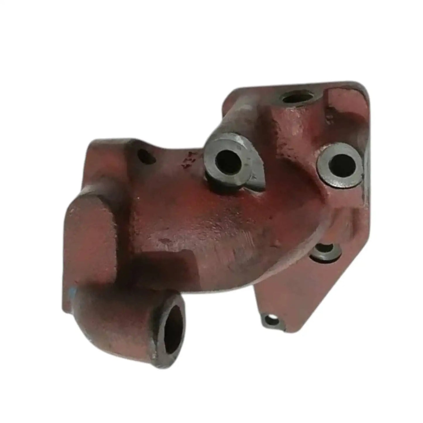 Metal thermostat housing with multiple mounting holes and threaded ports, red-brown finish