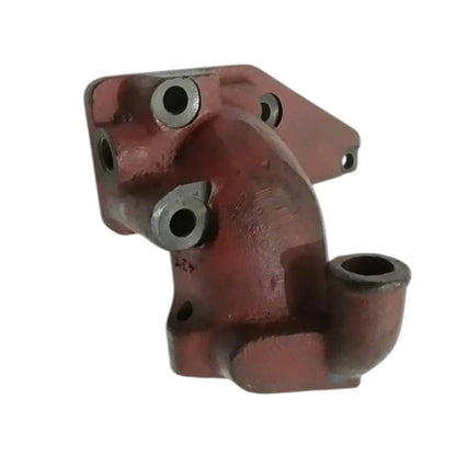 Metal thermostat housing with four bolt holes and side outlet, red-brown cast finish
