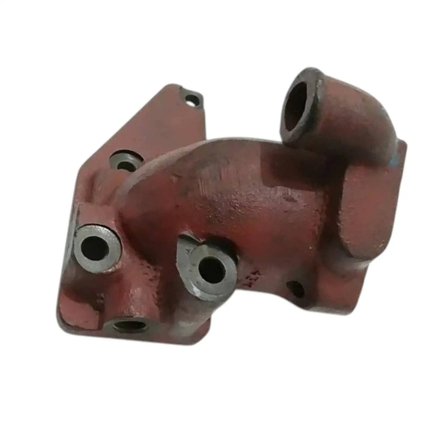 Metal thermostat housing with curved body, three inlet bosses, and mounting bolt holes