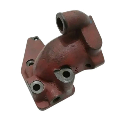 Metal thermostat housing base with central circular port and two mounting holes, red-brown