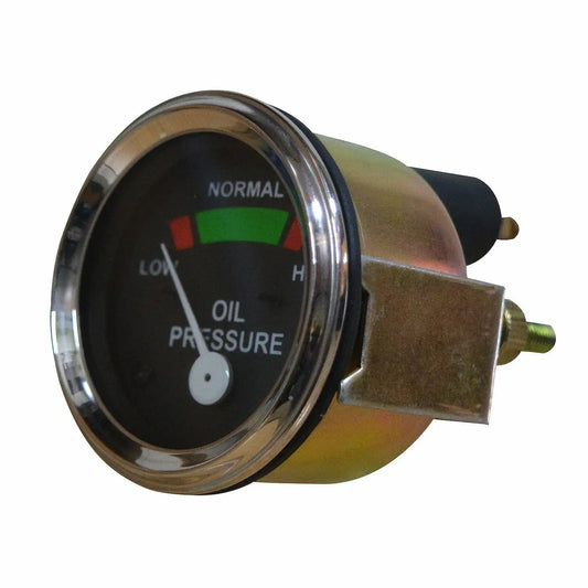 Oil pressure gauge, chrome bezel, black face with OIL PRESSURE and needle