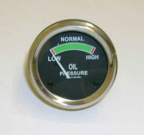 Oil pressure gauge with NORMAL and HIGH markings on black dial
