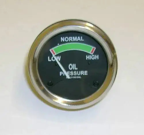 Oil pressure gauge with NORMAL and HIGH markings on black dial