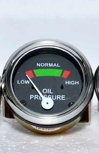 Circular oil pressure gauge with LOW, NORMAL, HIGH indicators and colored bars