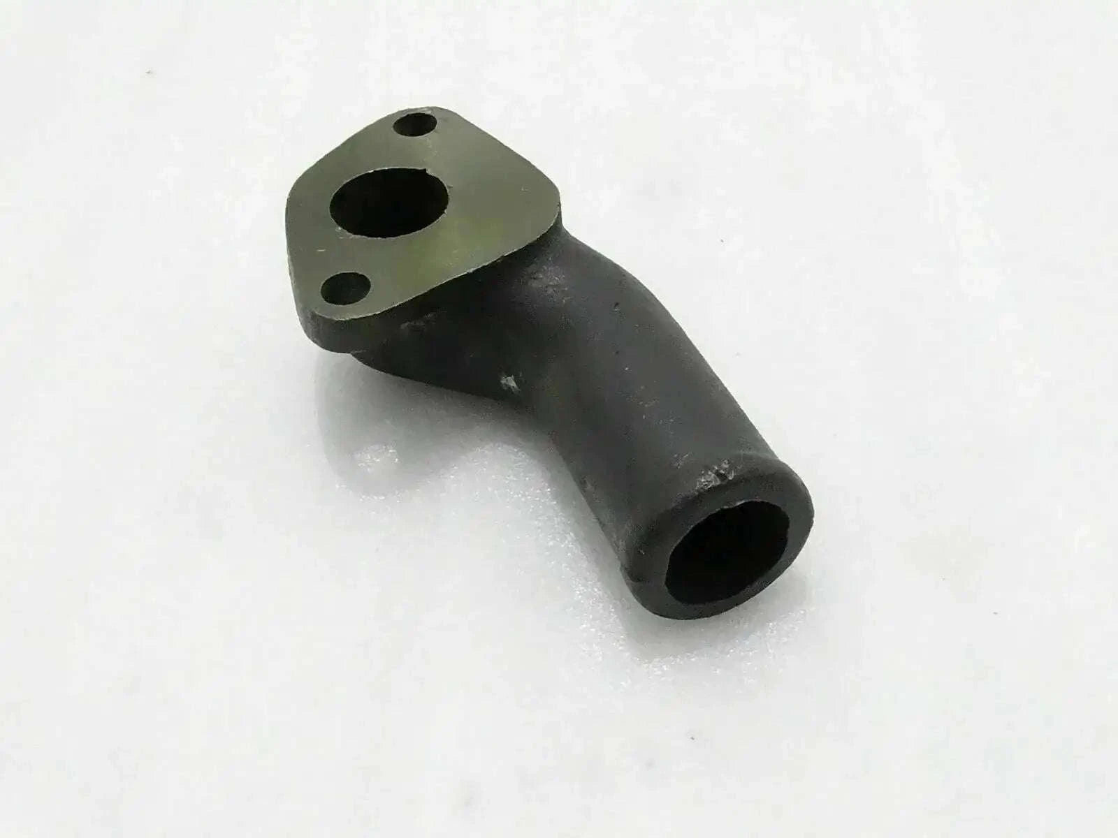 Cylinder block connection pipe with flange and two mounting holes, dark metal