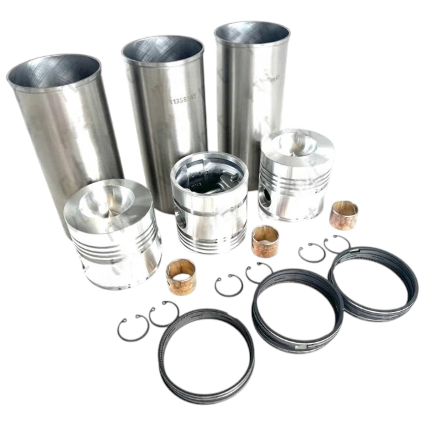 Engine rebuild kit for Massey Ferguson model with pistons, cylinders, and gaskets for machine maintenance