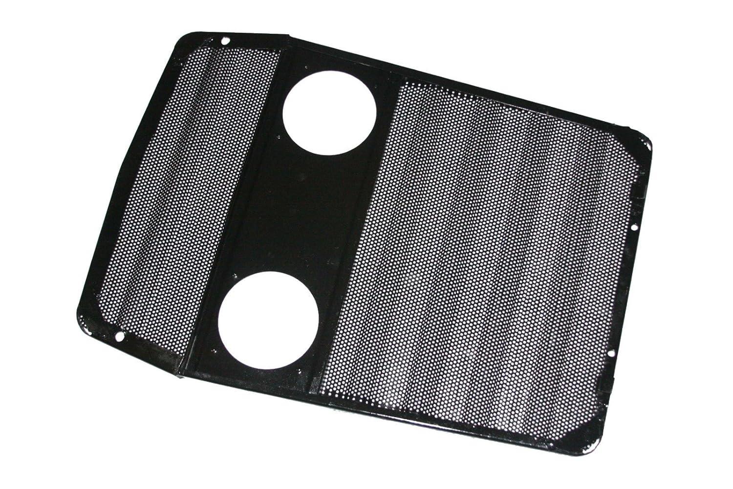 Front grill panel with two lamp openings and mesh insert, black metal tractor part