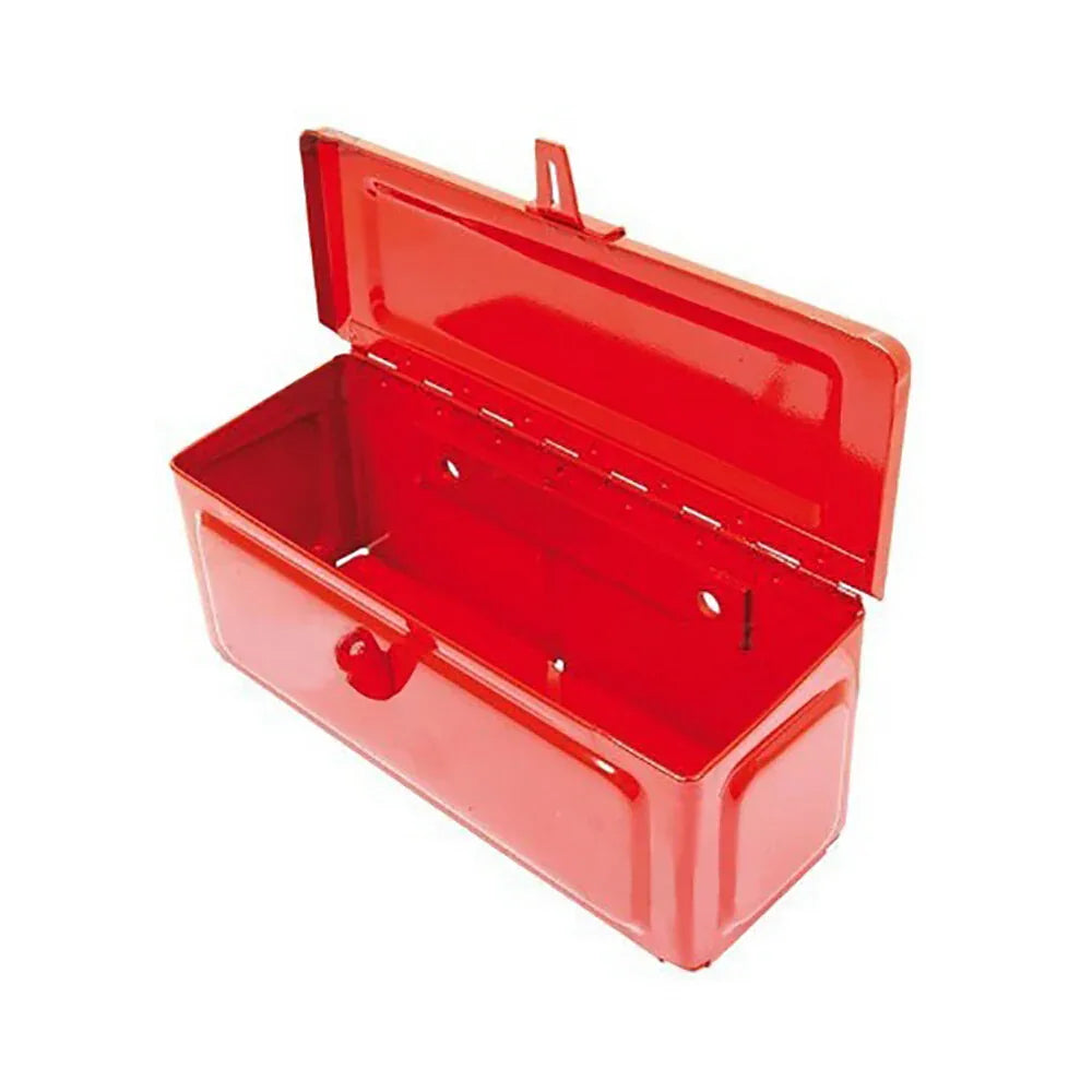 Red metal toolbox for tools and accessories, designed for massey ferguson model maintenance