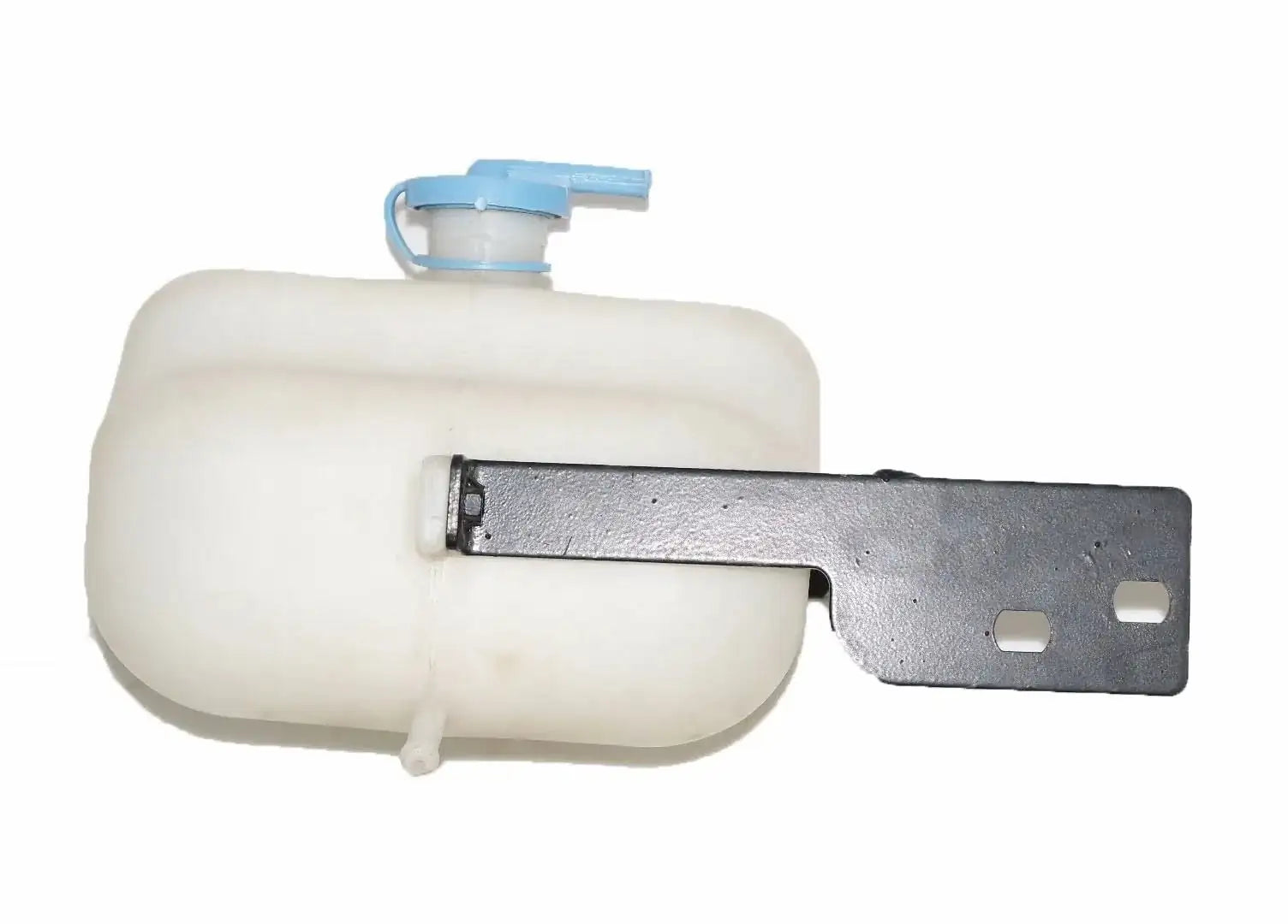 Coolant bottle reservoir with metal mounting bracket and small blue cap