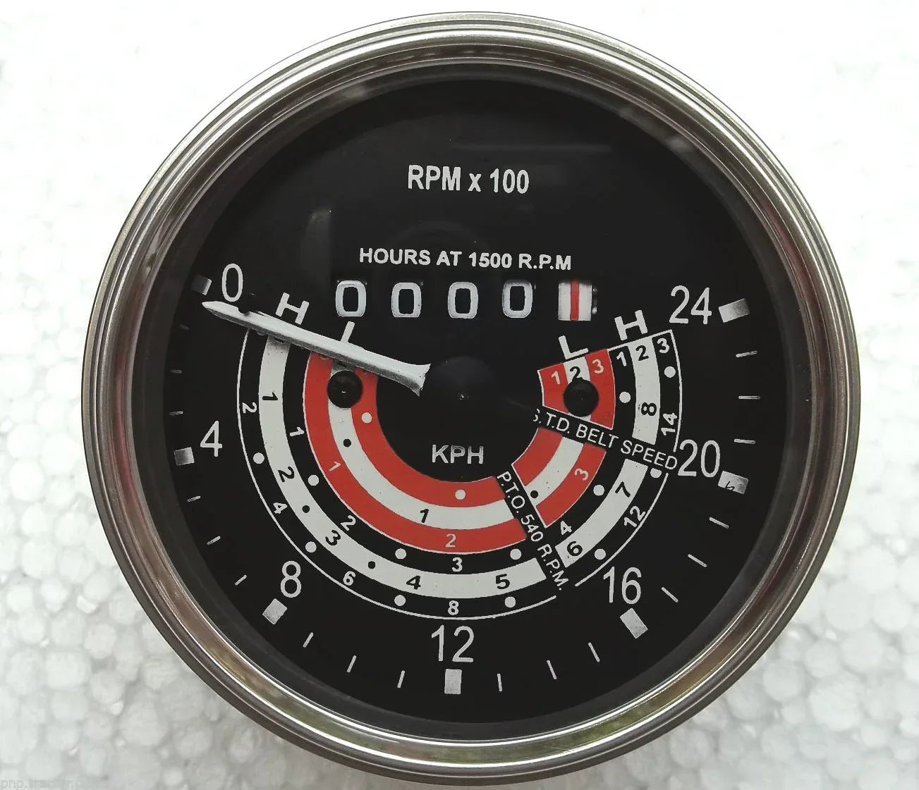 KPH Tractormeter for Massey Ferguson models, featuring a stainless steel casing and RPM gauge
