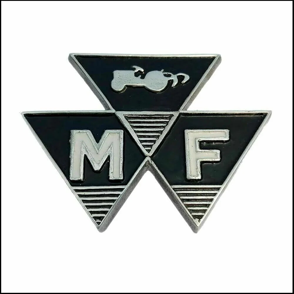 Massey Ferguson model badge, alloy material, black with silver detailing, ideal for tractor enthusiasts
