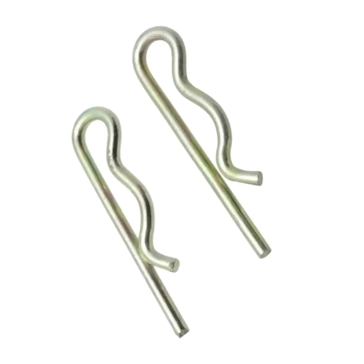 Metal spring cotter linch pins, galvanized, angled view of two R clips