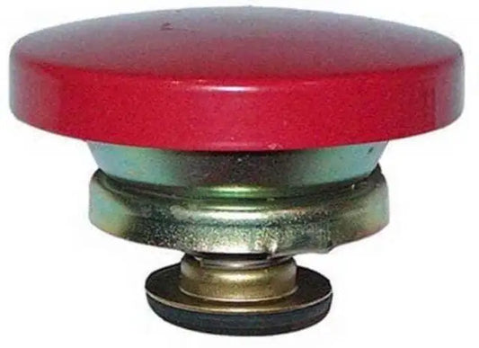 Red radiator cap with metal base and threaded stem