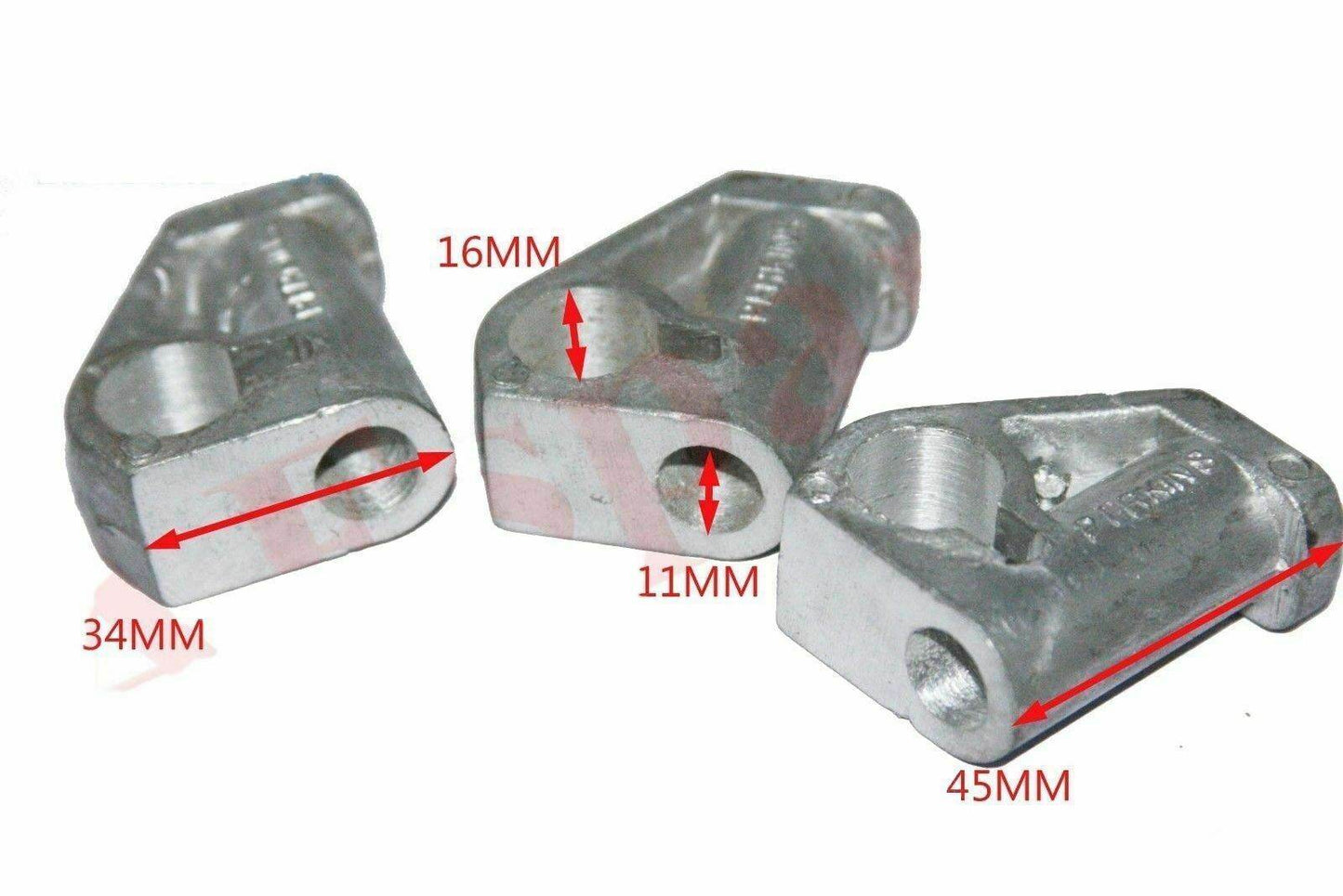 Massey Ferguson rocker arm bracket in three sizes with precise measurements for aftermarket replacement
