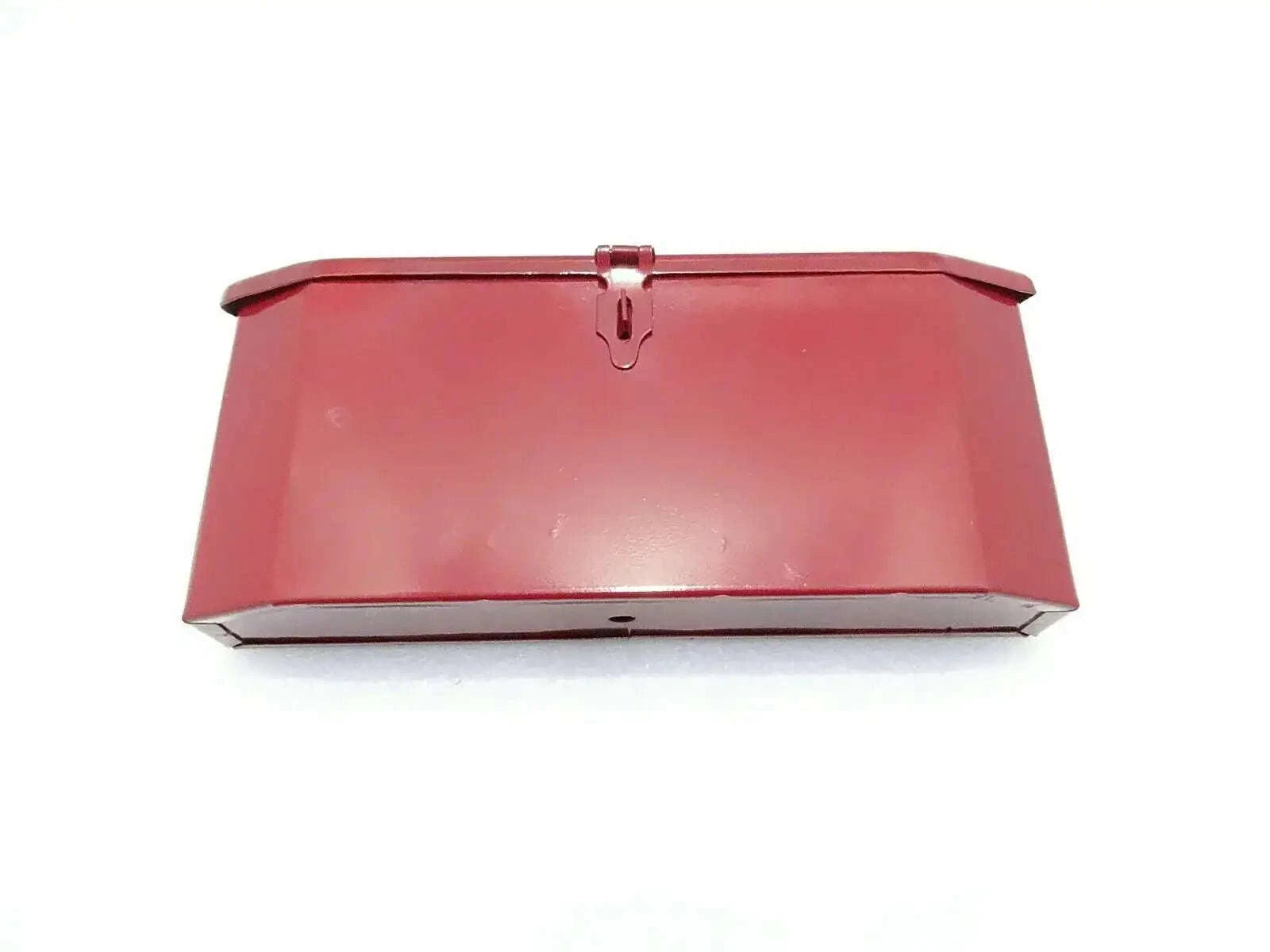 Red metal tool box with hinged lid and central handle latch