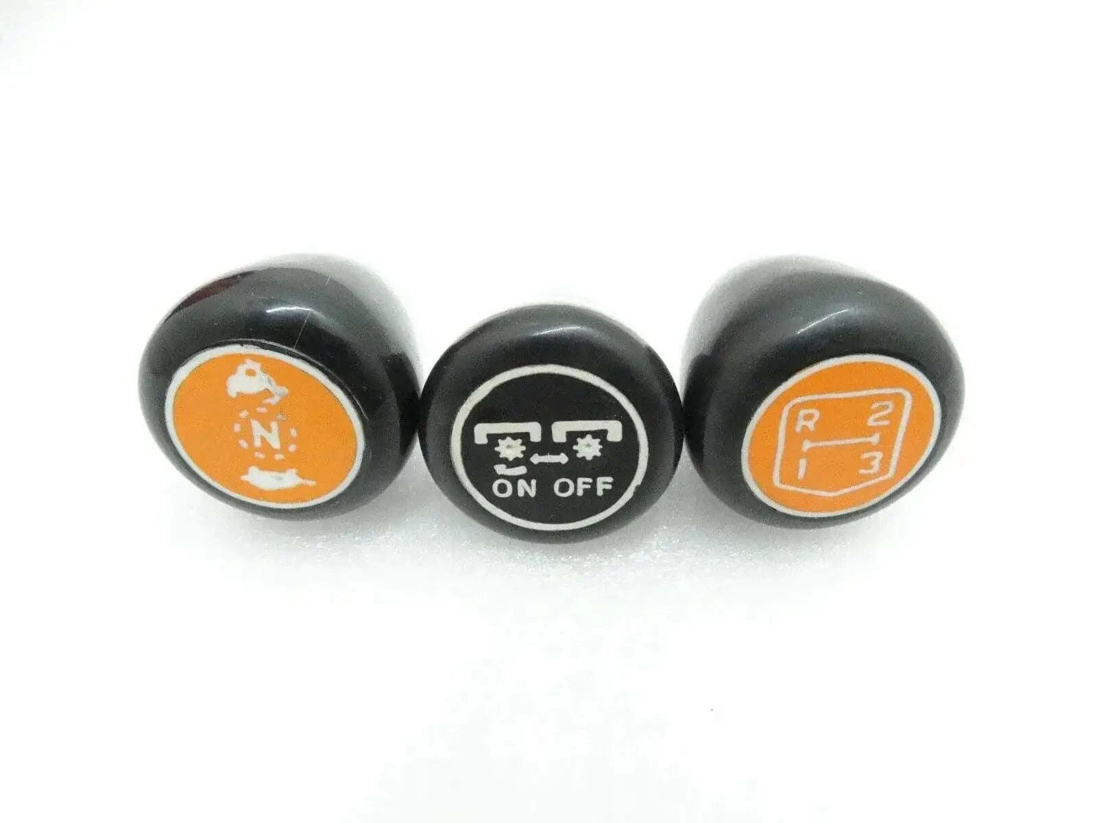 Tractor gear knob set of 3, black knobs with orange/white icons and ON/OFF mark