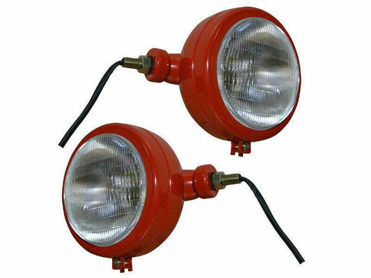 Massey Ferguson tractor headlight set with durable red housing and clear lenses