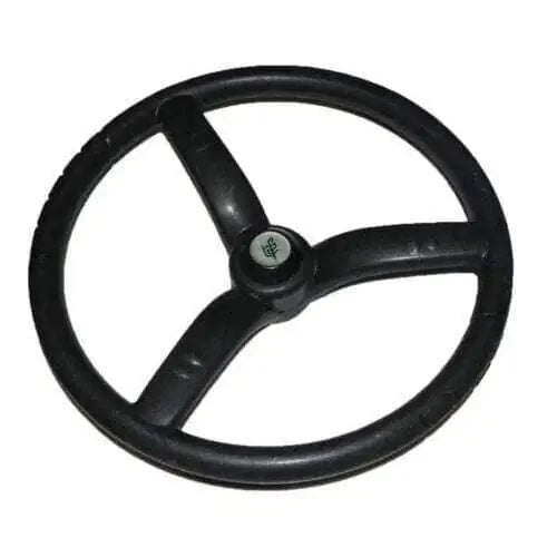 Black rubber three-spoke steering wheel with center hub