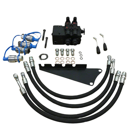 Dual Hydraulic Valve Kit for Massey Ferguson tractors, featuring hoses, fittings, and durable components for enhanced performance