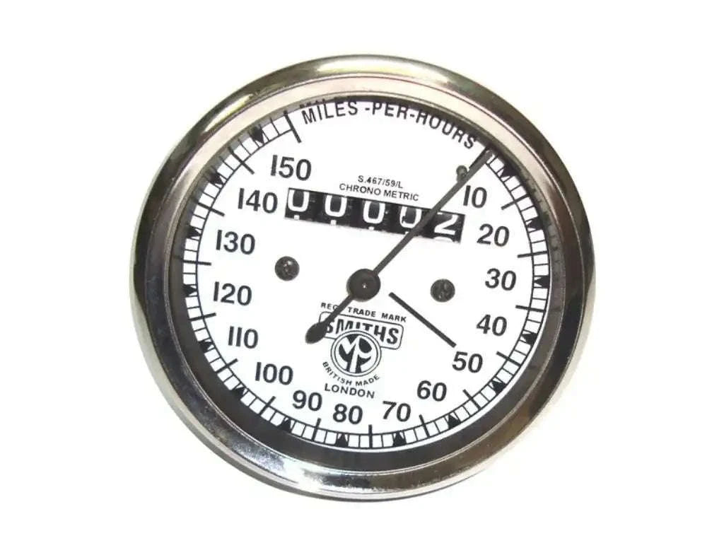 Matchless Smiths replica speedometer with white face, 0–150 mph dial and chrome bezel