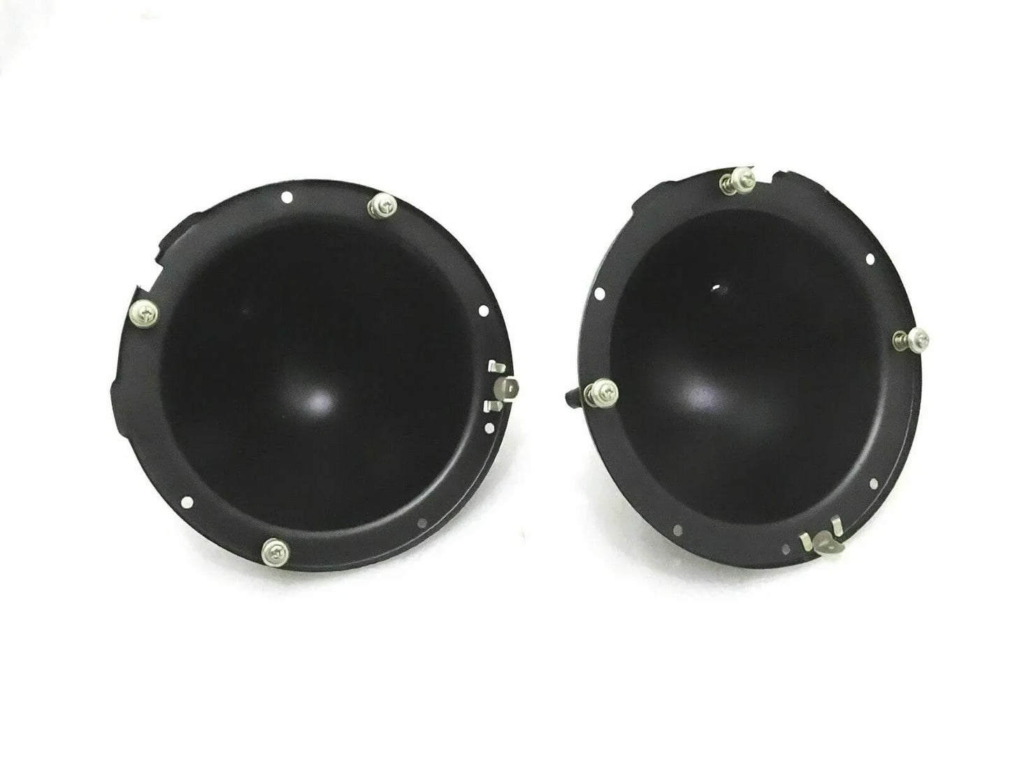 Pair of black metal headlight holding buckets with mounting holes and screws