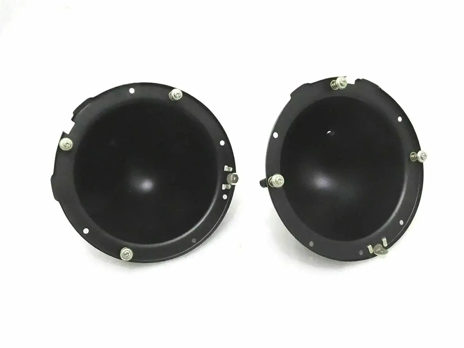 Pair of black metal headlight holding buckets with mounting holes and screws