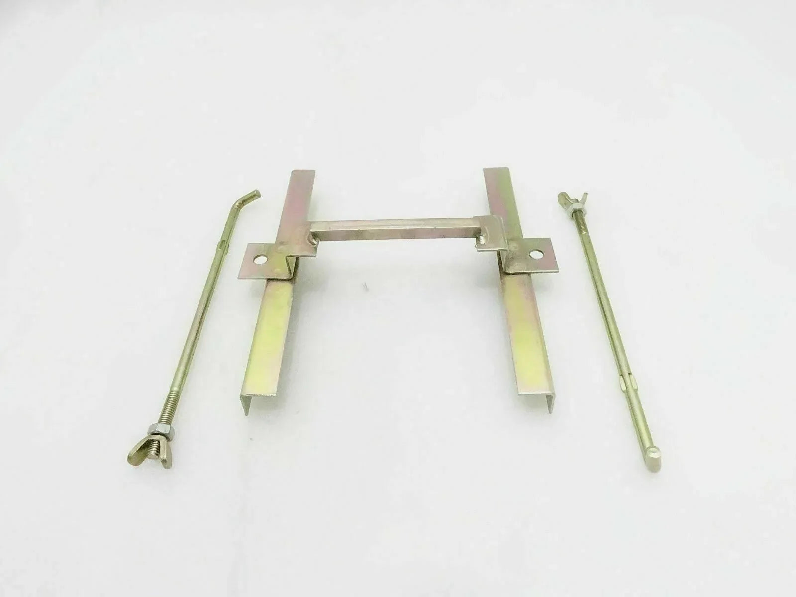 Metal battery top tray hold-down bracket with two side posts and threaded rods