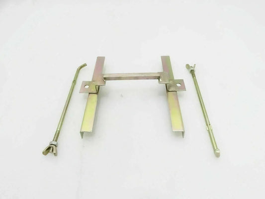 Metal battery top tray hold-down bracket with two side posts and threaded rods