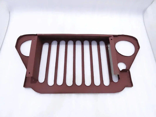 Steel front grille with vertical slats and two round openings, dark brown finish