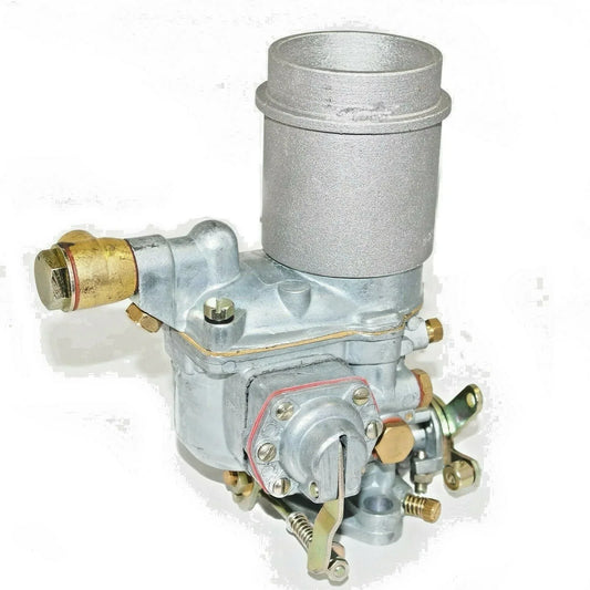 Metal carburetor with cylindrical air intake and brass fuel fittings