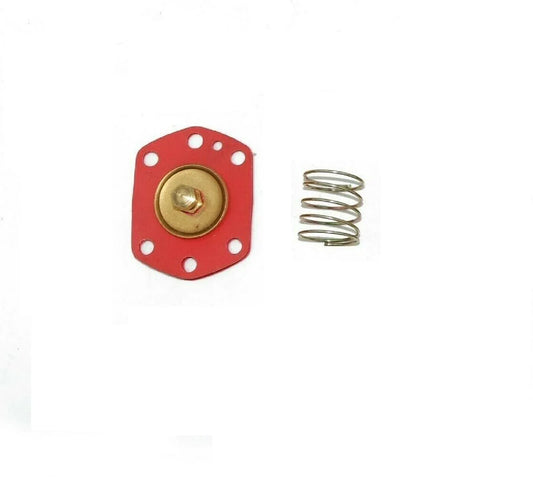 Red diaphragm housing with brass screw, mounting holes, and metal return spring