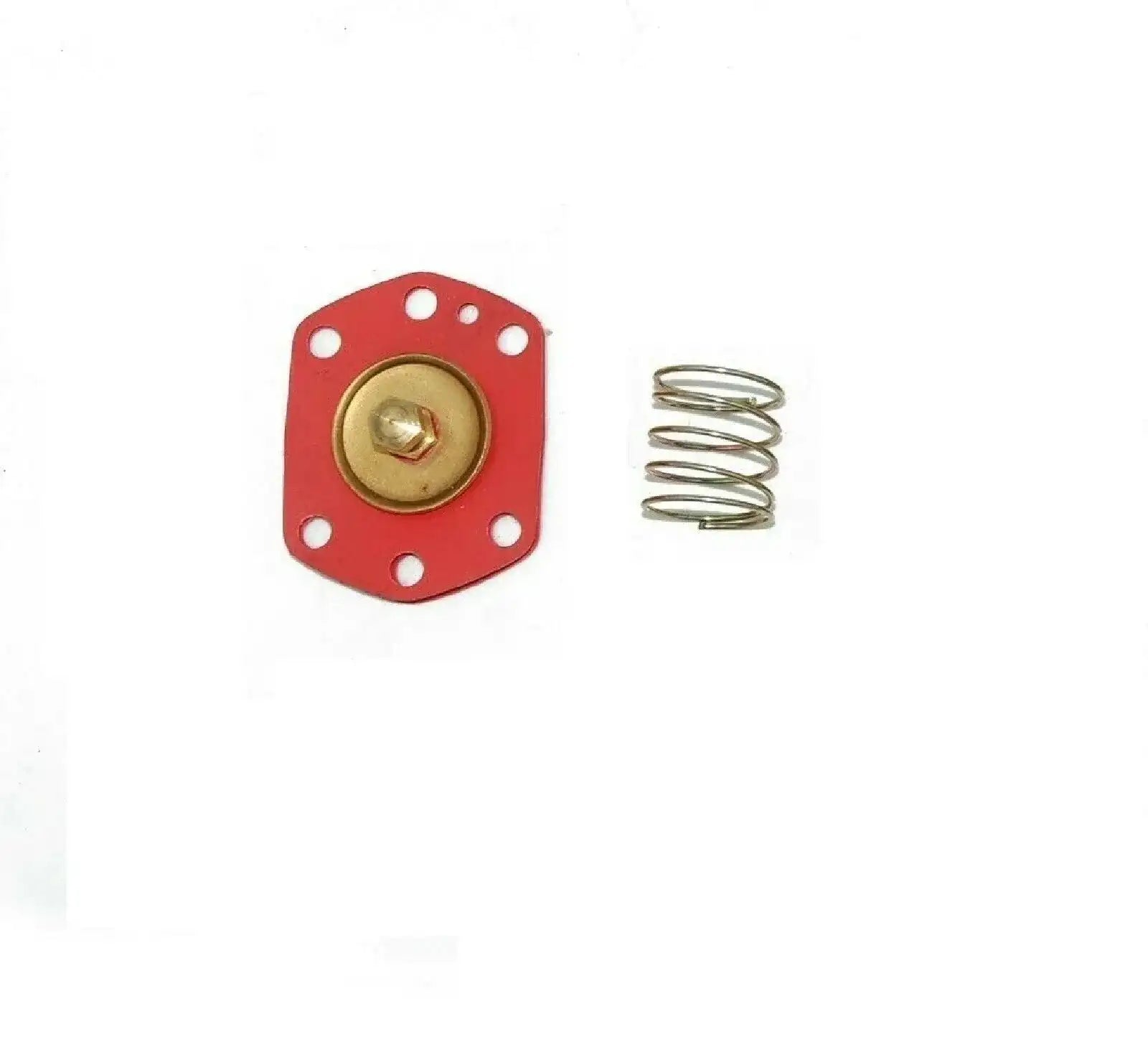 Red diaphragm housing with brass screw, mounting holes, and metal return spring