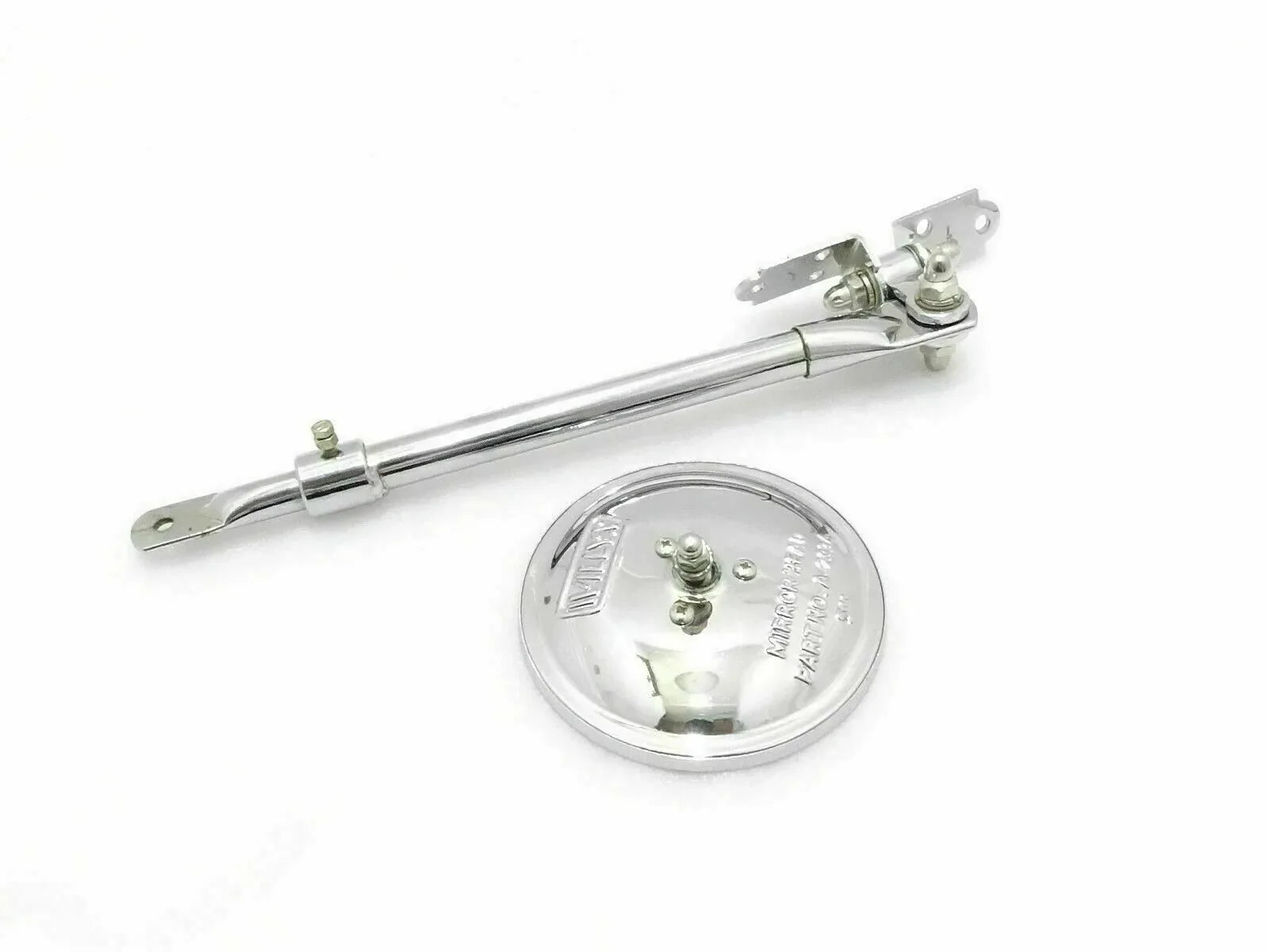Chrome round mirror with adjustable arm and mounting bracket