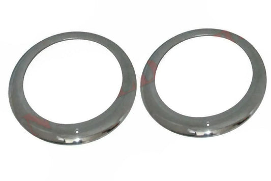 Chrome-plated headlight outer bezel pair, two circular rings with mounting holes