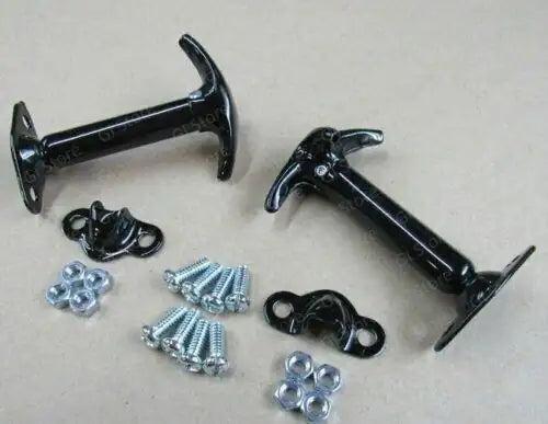 Black powder-coated hood latch pair with mounting hardware and brackets
