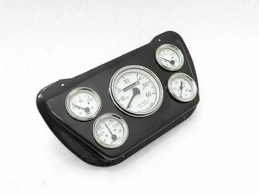 Black speedometer mounting plate with four white-faced gauges