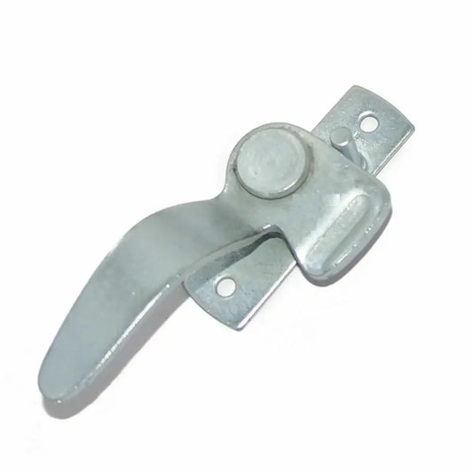 Windshield frame center latch with two mounting plates, silver metal