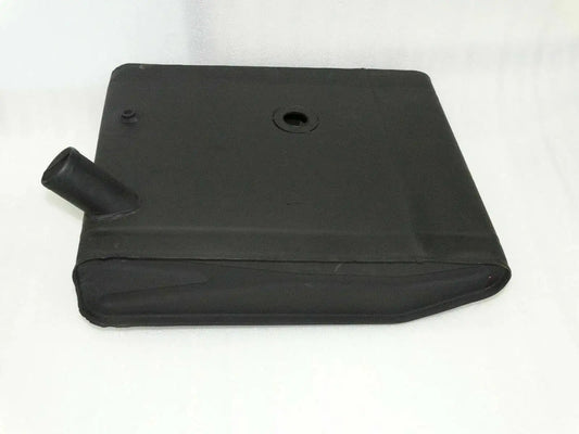 Dark metal fuel tank with cap opening and short filler neck, angled front view