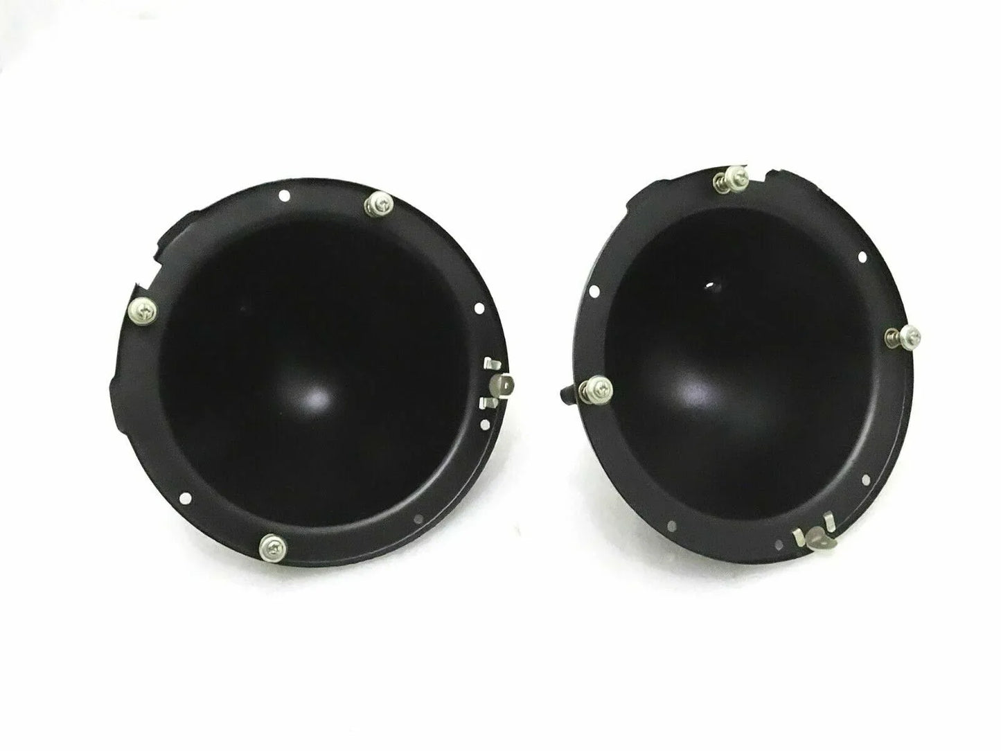 Pair of black headlight mounting buckets with screw holes and small brackets