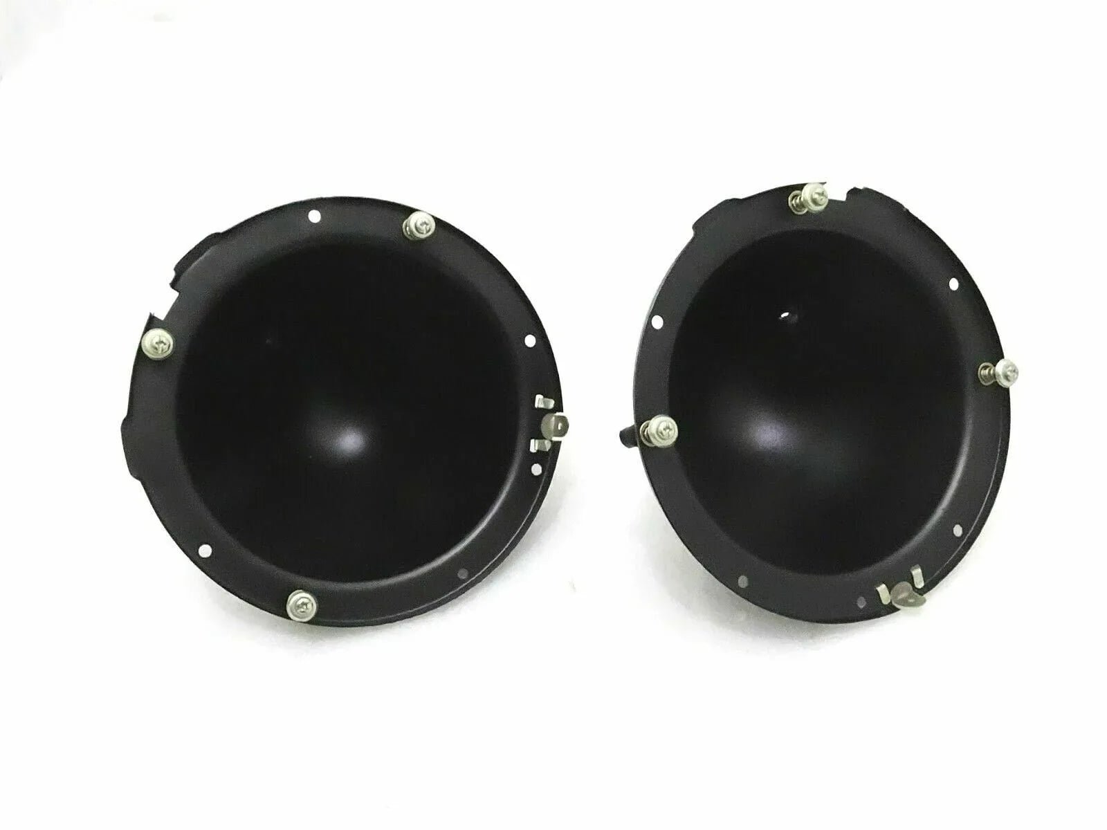 Pair of black headlight mounting buckets with screw holes and small brackets
