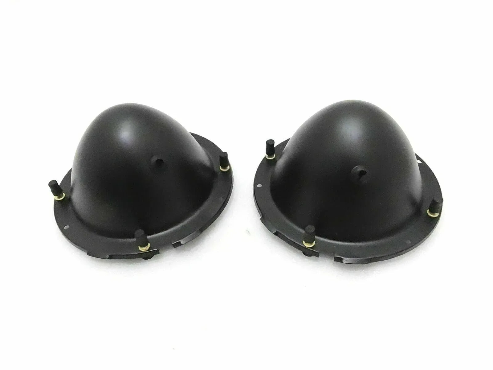 Pair of black metal headlight mounting buckets with studs and mounting brackets