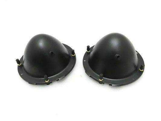Pair of black metal headlight mounting buckets with studs and mounting brackets